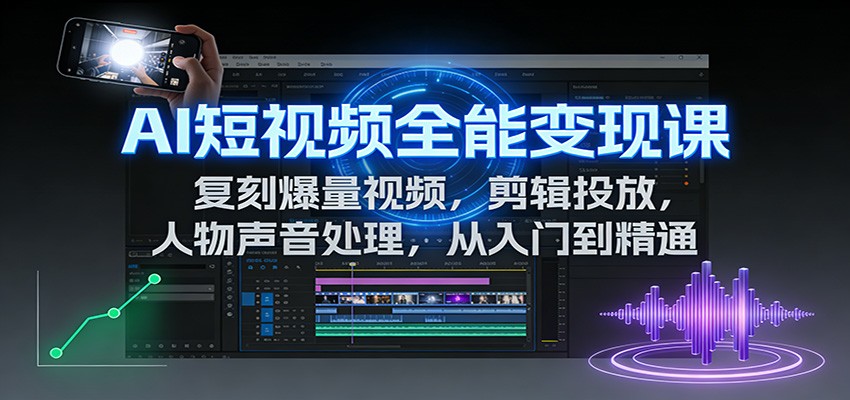 AI短视频全能变现课：复刻爆量视频，剪辑投放，人物声音处理，从入门到精通-huitchan网创