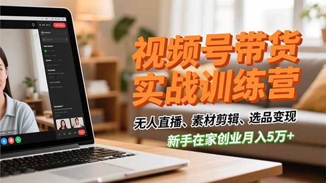 视频号带货实战训练营，无人直播、素材剪辑、选品变现，新手在家创业月入5万+-huitchan网创