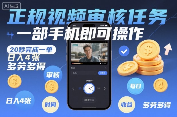 正规视频审核任务，一部手机即可操作，20秒完成一单，日入4张，多劳多得【揭秘】-huitchan网创