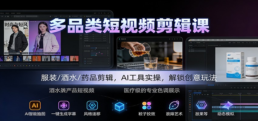 多品类短视频剪辑课：服装/酒水/药品剪辑，AI工具实操，解锁创意玩法-huitchan网创