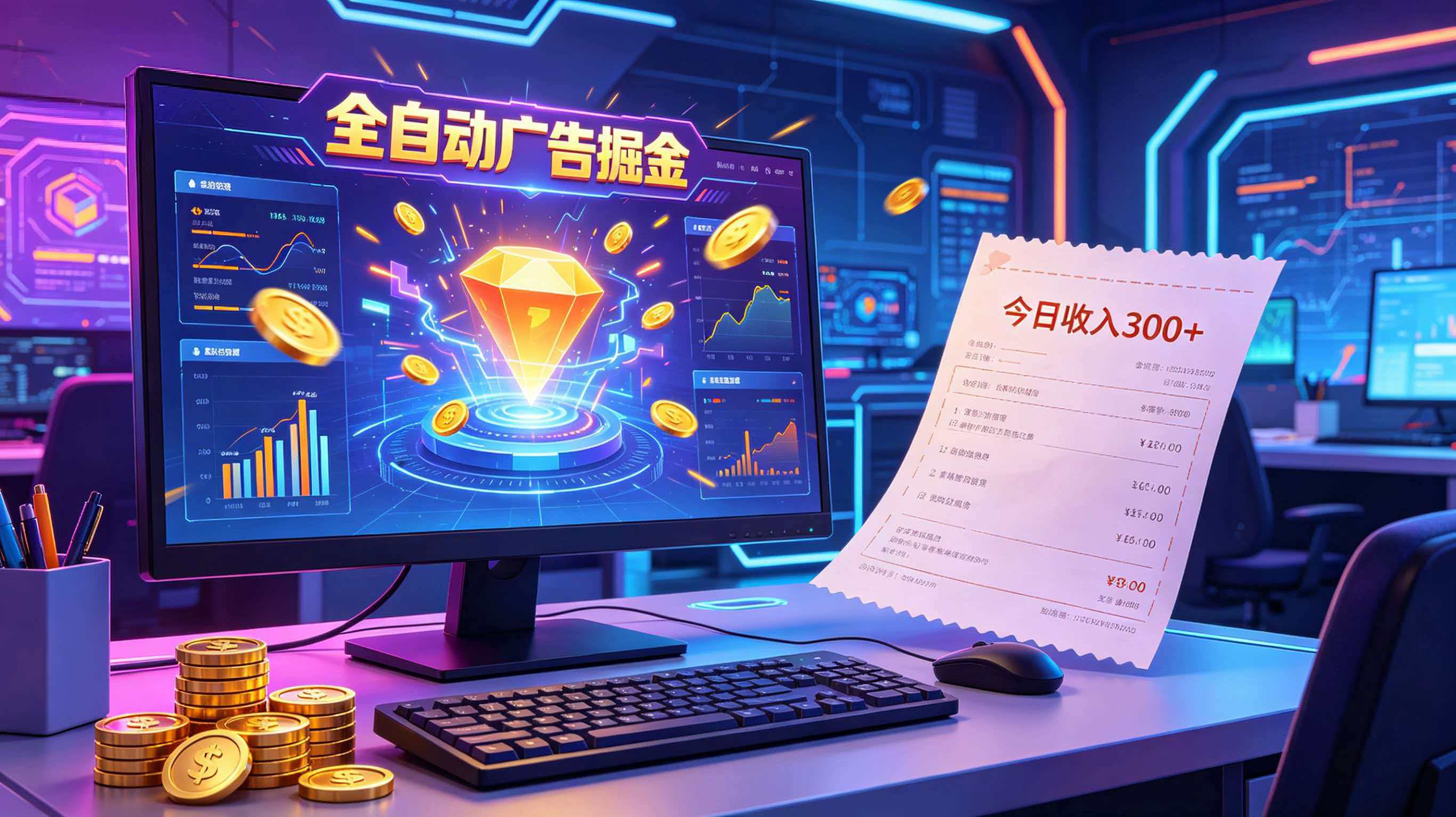 全自动广告掘金，日入300+。全程Ai自动化运行，解放双手，时间自由。收益稳定-huitchan网创