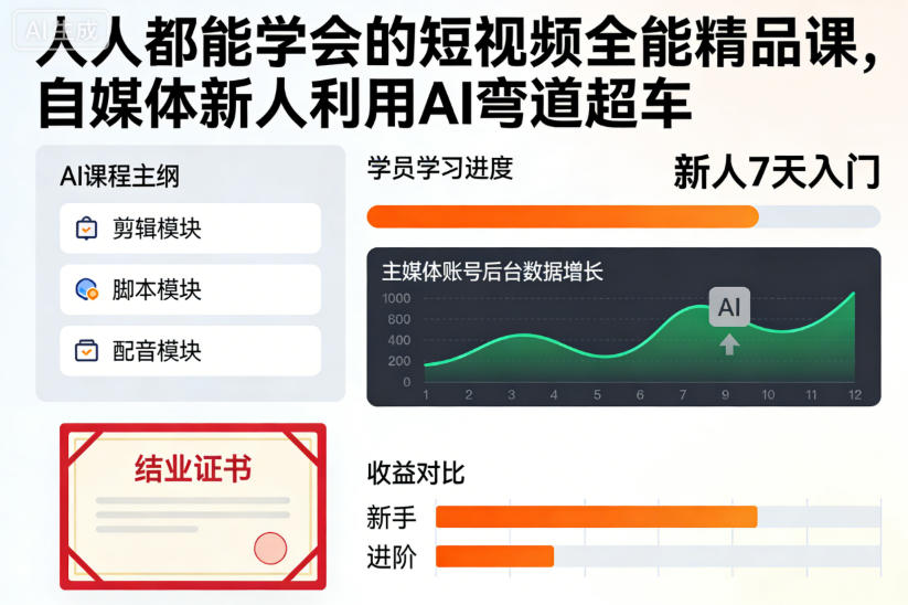 人人都能学会的短视频全能精品课，自媒体新人利用AI弯道超车-huitchan网创