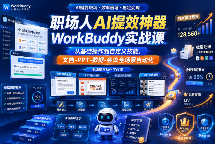 职场人AI提效神器WorkBuddy实战课，从基础操作到自定义技能，文档-PPT-数据-会议全场景自动化-huitchan网创