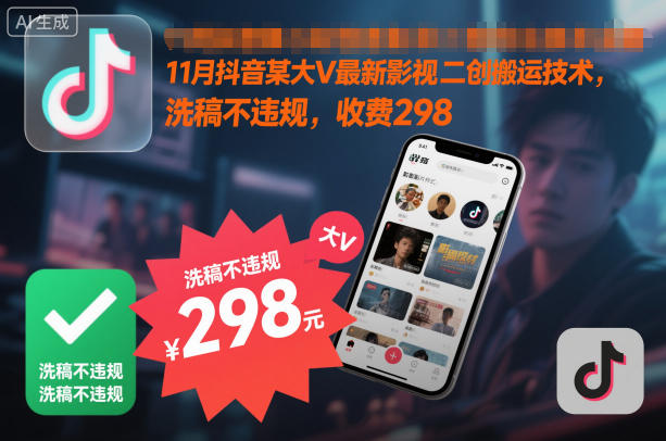 11月抖音某大V最新影视二创搬运技术，洗稿不违规，收费298-huitchan网创