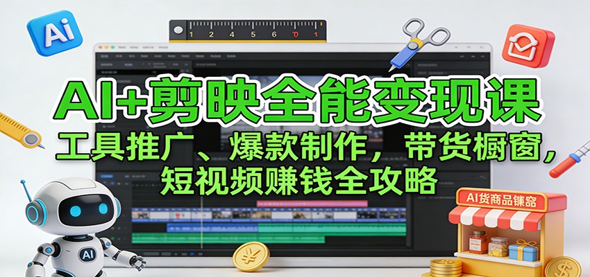 AI+剪映全能变现课：工具推广、爆款制作、带货橱窗，短视频赚钱全攻略-huitchan网创