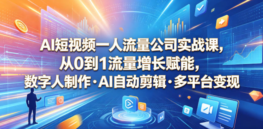 AI短视频一人流量公司实战课，从0到1流量增长赋能，数字人制作・AI自动剪辑・多平台变现，一人做流量生意全落地教程-huitchan网创