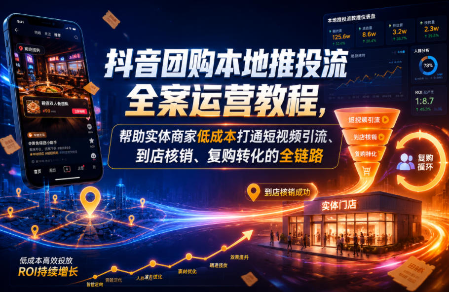 抖音团购本地推投流全案运营教程，帮助实体商家低成本打通短视频引流、到店核销、复购转化的全链路-huitchan网创