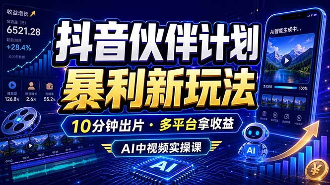 抖音伙伴计划最新玩法，无需配音剪辑，10分钟出一条原创视频，轻松日入三位数-huitchan网创