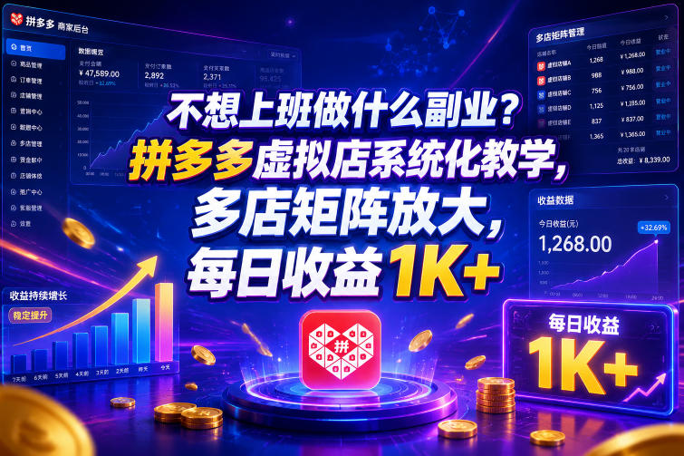 不想上班做什么副业？拼多多虚拟店系统化教学，多店矩阵放大，每日收益1K+【揭秘】-huitchan网创