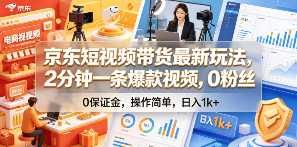 京东短视频带货最新玩法，2分钟一条爆款视频，0粉丝，0保证金，操作简单，日入1k+【揭秘】-huitchan网创
