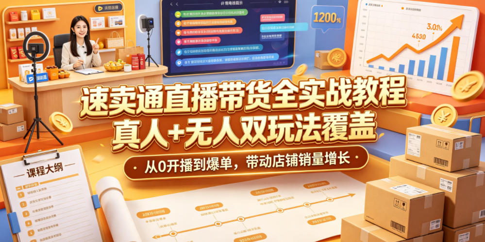 速卖通直播带货全实战教程，真人+无人双玩法覆盖，从0开播到爆单，带动店铺销量增长-huitchan网创
