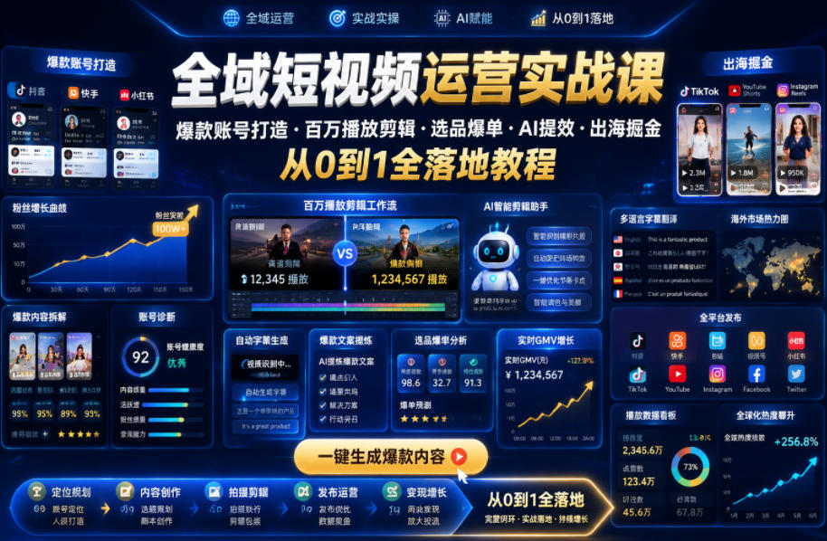 全域短视频运营实战课，爆款账号打造・百万播放剪辑・选品爆单・AI提效・出海掘金，从0到1全落地教程-huitchan网创