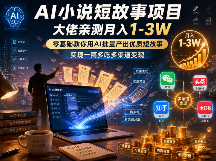 AI小说短故事项目,大佬亲测月入1-3W,零基础教你用AI批量产出优质短故事,实现一稿多吃多渠道变现-huitchan网创