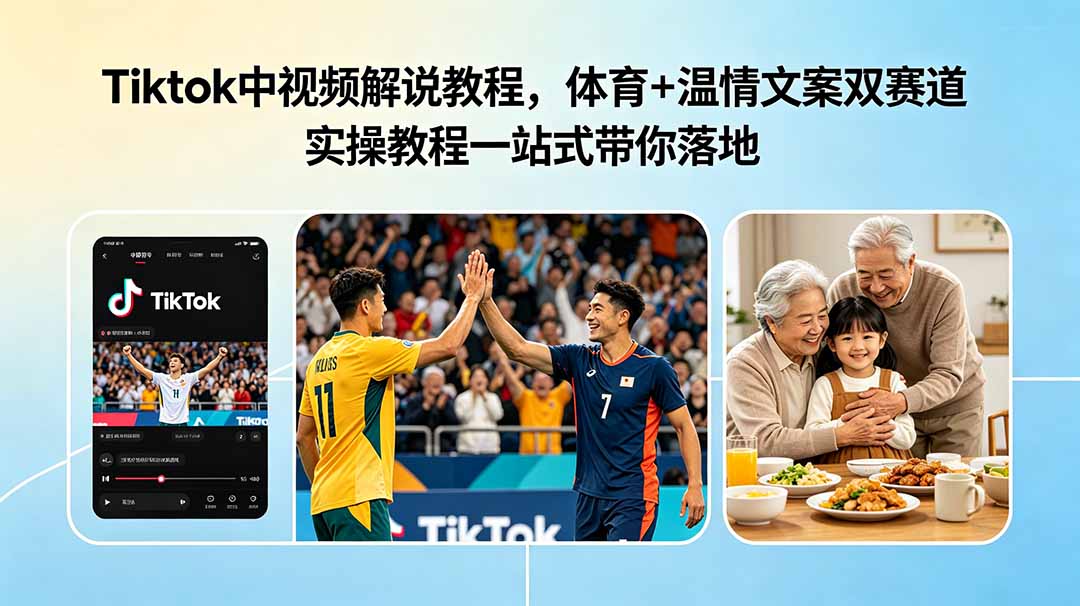 Tiktok中视频解说教程，体育+温情文案双赛道实操教程一站式带你落地-huitchan网创