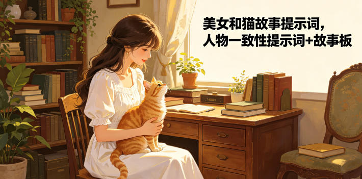 美女和猫故事提示词，人物一致性提示词+故事板-huitchan网创