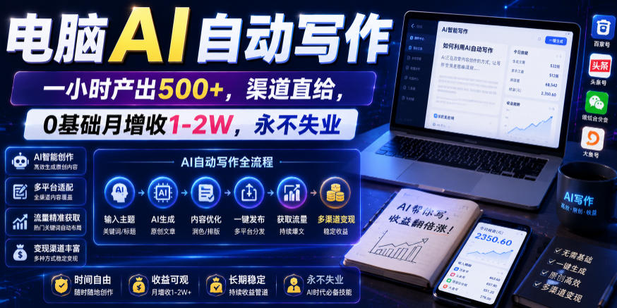 电脑AI自动写作，一小时产出500+，渠道直给，0基础月增收1-2W，永不失业【揭秘】-huitchan网创