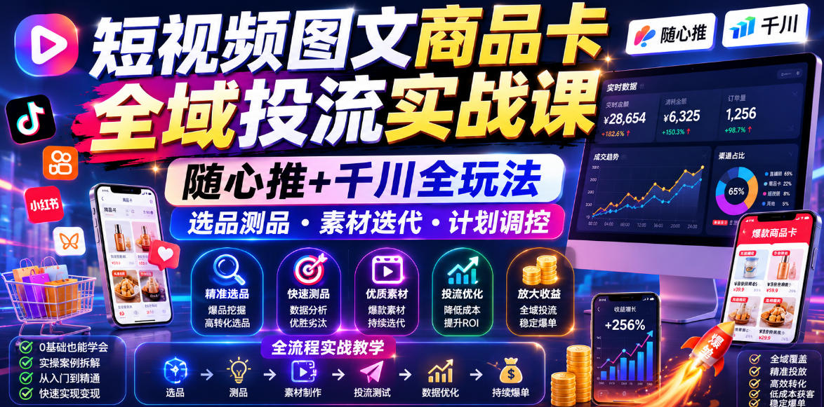 短视频图文商品卡全域投流实战课，随心推+千川全玩法，选品测品・素材迭代・计划调控，提升ROI爆单增收教程-huitchan网创