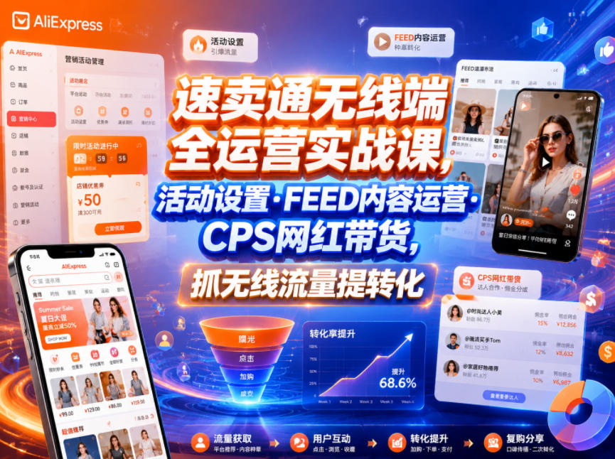 速卖通无线端全运营实战课，活动设置・FEED内容运营・CPS网红带货，抓无线流量提转化-huitchan网创