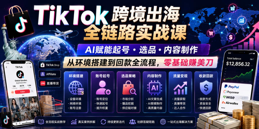 TikTok跨境出海全链路实战课，AI赋能起号・选品・内容制作，从环境搭建到回款全流程，零基础賺美刀-huitchan网创