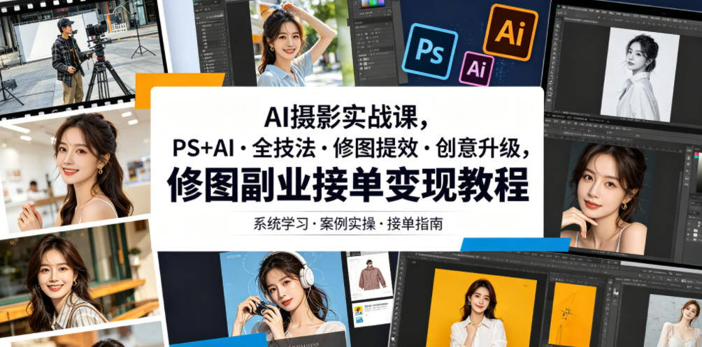 AI摄影实战课，PS+AI・全技法・修图提效・创意升级，修图副业接单变现教程-huitchan网创